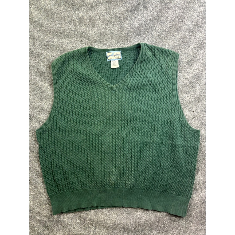 Pendleton Sweater Vest Womens XL Green Cable Knit Cotton V-Neck Made in Japan
